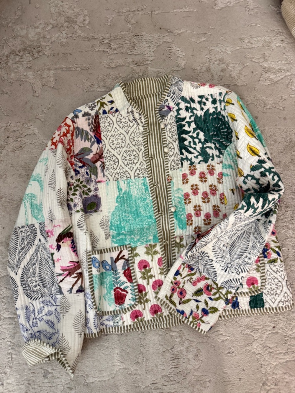 Patchwork Floral Quilted Jacket in Teal, Pink & Green